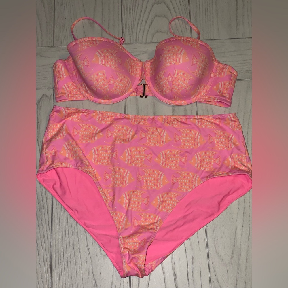 Vineyard Vines Pink & Coral High-Rise Bikini Set with Fish Print